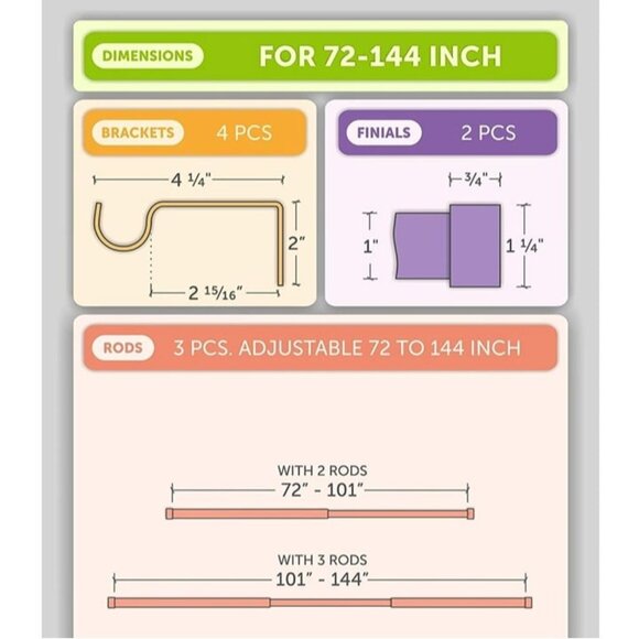 Drapery Window Curtain Rod End Cap Style 1in Pole. 72 to 144 Inch Black - Picture 7 of 7